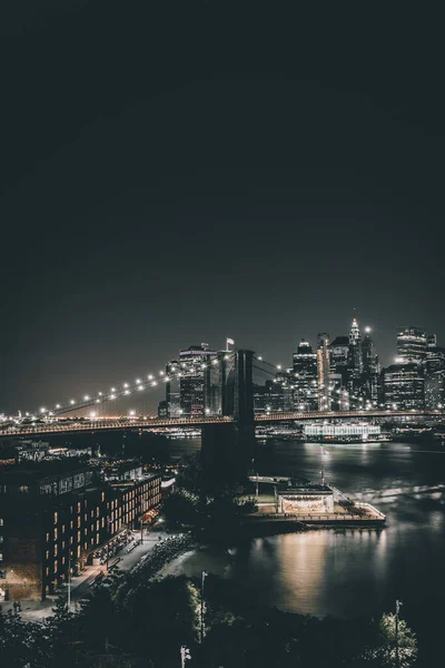 Manhattan Gece Silueti Brooklyn Köprüsü Manhattan Köprüsü New York Abd — Stok fotoğraf