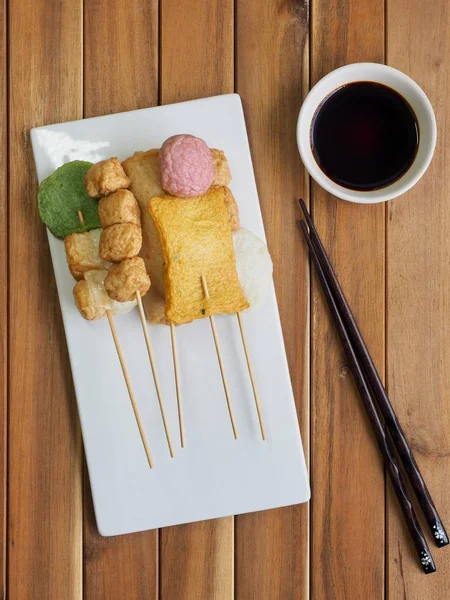 Asian food fish cake, fish paste, eomuk, odeng, kkochieomuk and Soy sauce