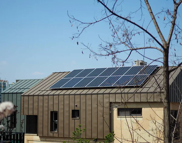 Roof of Korean modern house with solar panels