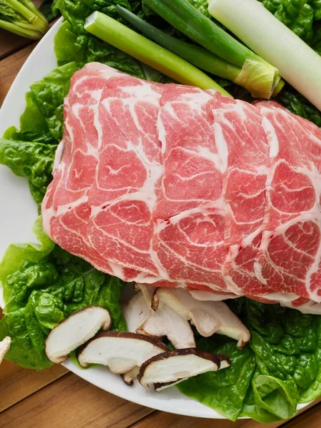 Comida Coreana Carne Porco Fresca Vegetal — Fotografia de Stock