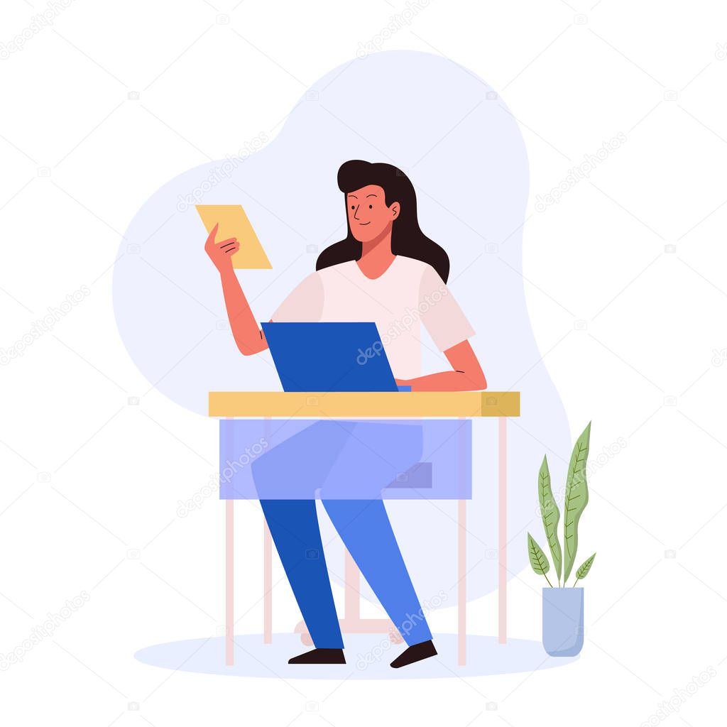 Office workplace. Woman sitting at the table with laptop and holding document. Business concept of vector characters in flat style