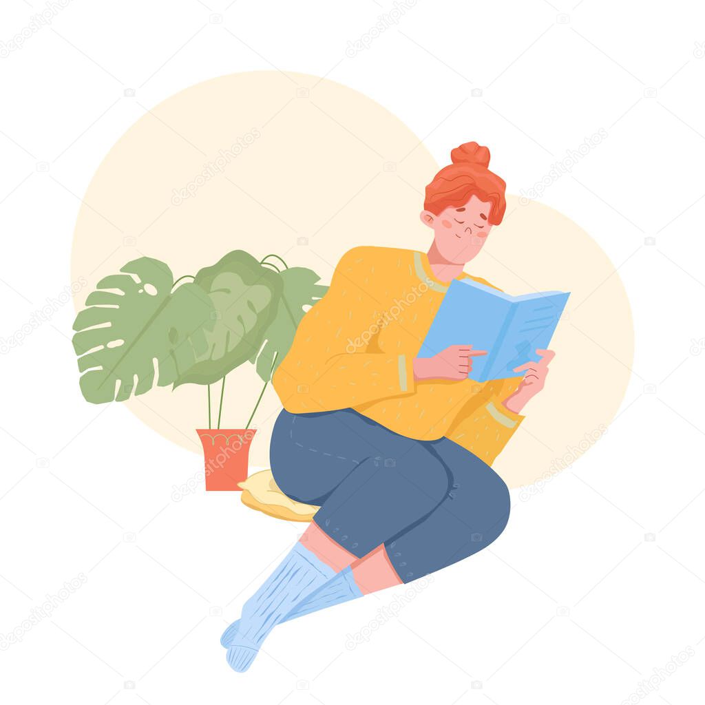 Young girl reading a book in home interior with house plants. Vector cartoon illustration.