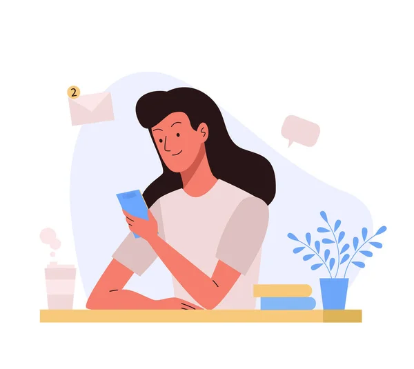 Mujer Sentada Mesa Con Teléfono Oficina Trabajo Ilustración Vectorial Diseño — Archivo Imágenes Vectoriales