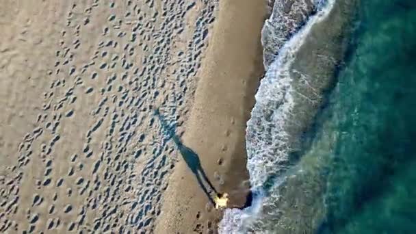 Aerial Drone Footage of a girl walking along a lonely beach — 비디오