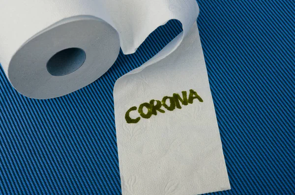 Toilet Paper Roll Word Corona — Stock Photo, Image