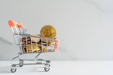 Madeni para veya kripto para ile dolu mini sepet modeli içinde kripto para Copyspace beyaz arkaplan.