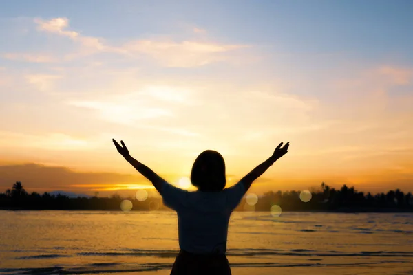 Silhouette Woman Rise Hands Sky Freedom Concept Sunset Sky Summer — Stock Photo, Image