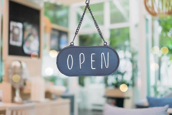 Sinal Negócio Que Diz Aberto Café Restaurante Pendurar Porta Entrada — Fotografia de Stock