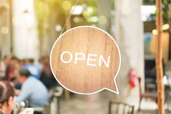 Cartel Negocios Que Dice Abierto Cafetería Restaurante Cuelgan Puerta Entrada — Foto de Stock