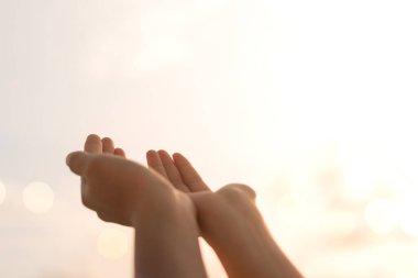 Kadın elleri, doğanın önünde dua eder gibi bir araya gelir. Yeşil bokeh ve mavi gökyüzü arka planı..