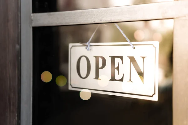 Segno Affari Che Dice Aperto Caffè Ristorante Appendere Alla Porta — Foto Stock