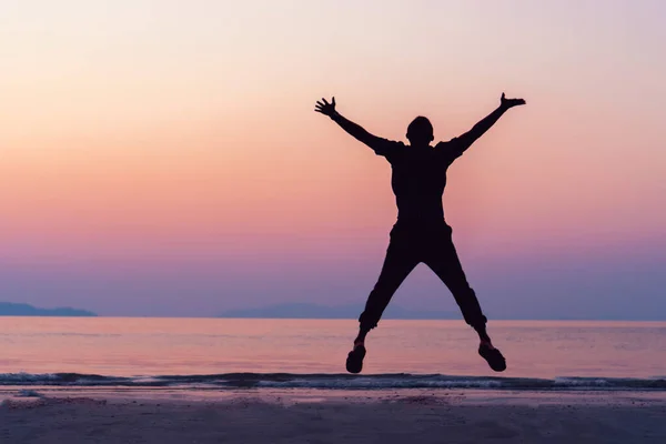 Silhouette Man Rise Hands Jump Sky Freedom Concept Sunset Sky — Stock Photo, Image