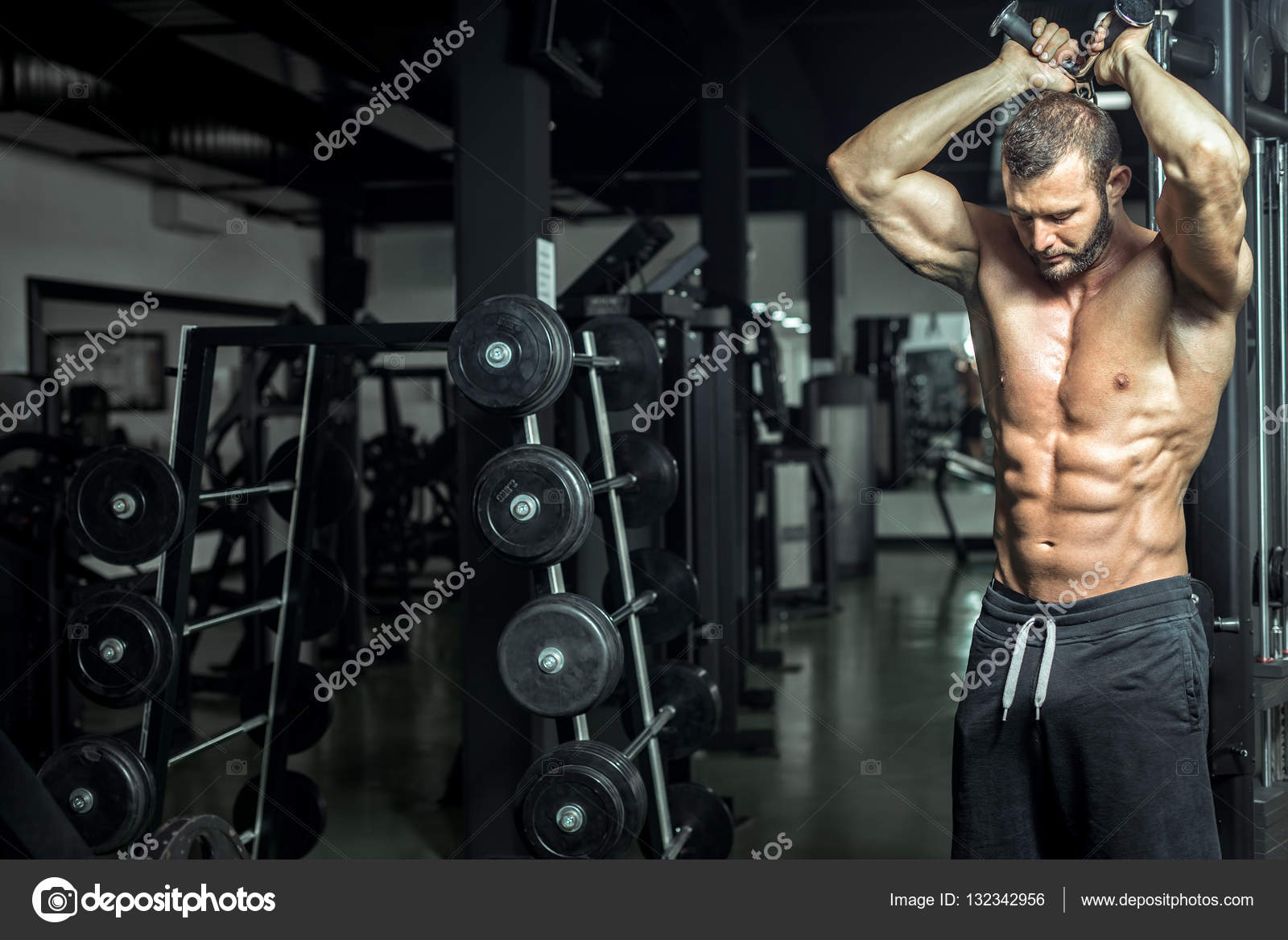 Fazendo exercício de extensão de corda tríceps aéreo — Foto © ozimicians  #132342956, image size:1600x1168