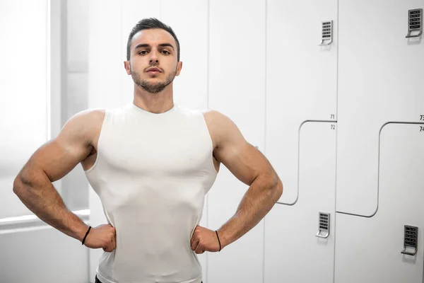 Fitness Coach Posing Locker Room Modern Bright Gym Facility — Stock Photo, Image