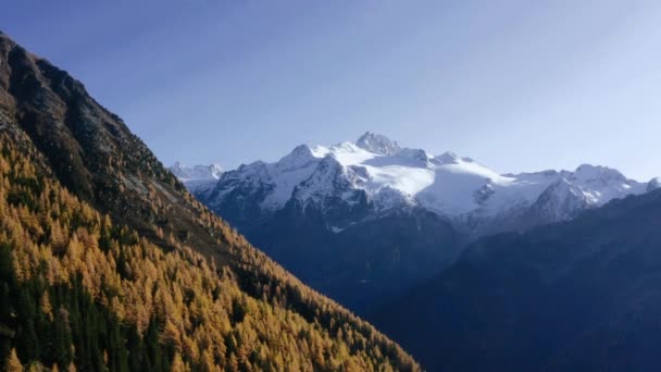 Pics de neige de montagne et forêt orange. Incroyable destination de voyage d'automne . — Video