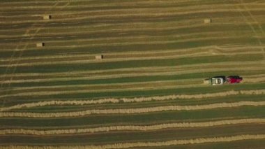 Traktörle saman küpleri yaparken drone çekimi. Tarım makineleri güneşli bir günde saman balyalarını fırlatıyor..