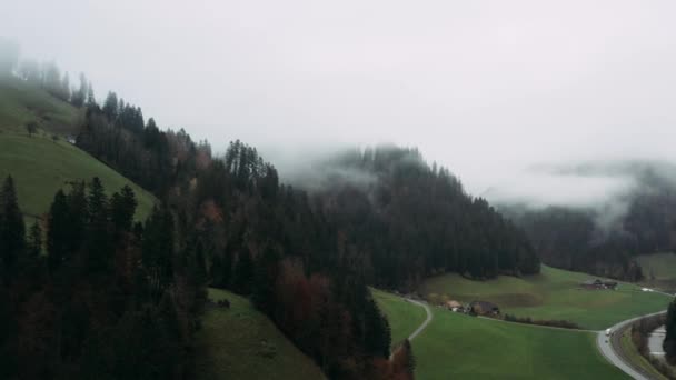 Drone schot omgekeerde vlucht met grijs bewolkt weer in de herfst op bergketen vallei weide met opkomende mist uit het bos. — Stockvideo