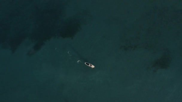 Aerial flight view from above. White sup board slowly floating on motionless sea surface. — Stock videók