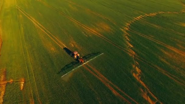 Pulvérisation de pesticides et d'engrais sur le terrain vue aérienne avec tracteur — Video