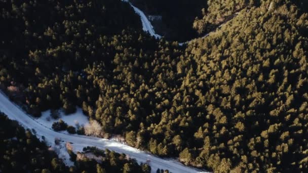 Manhã ensolarada nas montanhas. Uma vista maravilhosa do drone. Estrada e árvores verdes . — Vídeo de Stock