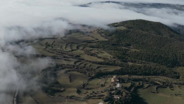 Vista aérea de un campo con bosques en la niebla . — Vídeos de Stock