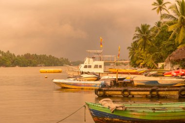 Güneş Bentota nehri üzerinde, Galle bölgesinde, Sri Lanka 'da bulutsuz bir gökyüzünün altında son derece sakin bir günde doğuyor. Bentota, Sri Lanka.