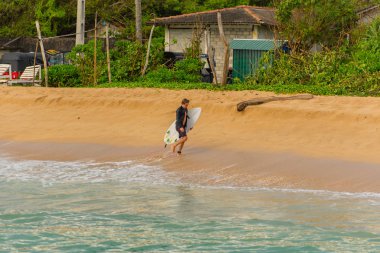 Midigama, Sri Lanka: 18 Kasım 2019: İnsanlar Midigama, Sri Lanka 'da plajda altın kum sörfü yapıyorlar