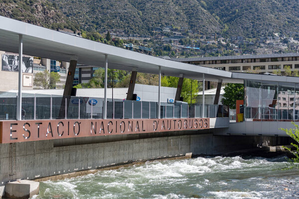 Andorra. Andorra La Vella. 29 April 2020. Bus station of Andorra la Vella in sunny day. Confinement by the COVID-19 virus, in the afternoon.