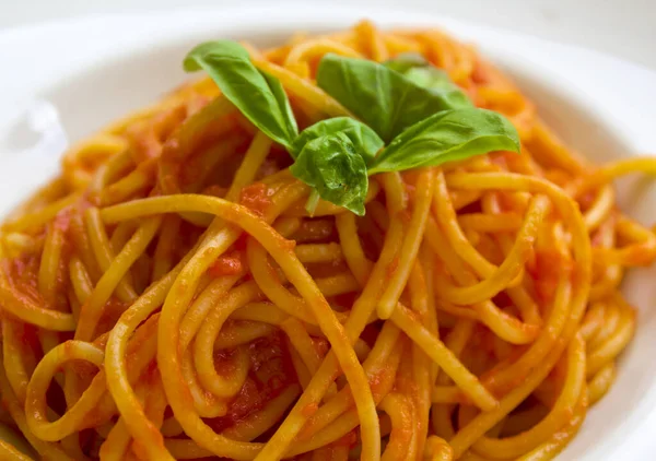Makaron Sosem Pomidorowym Bazylią — Zdjęcie stockowe