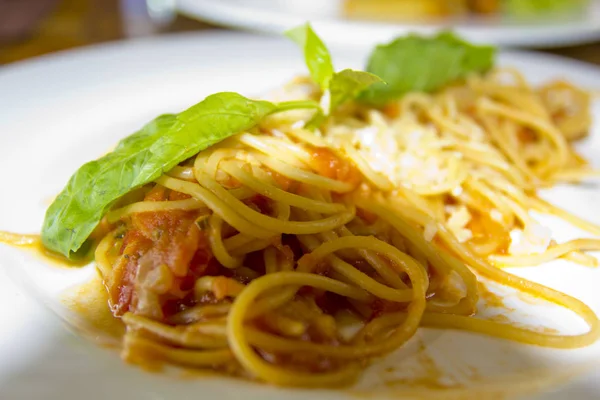Spaghetti Sosem Pomidorowym Bazylią — Zdjęcie stockowe