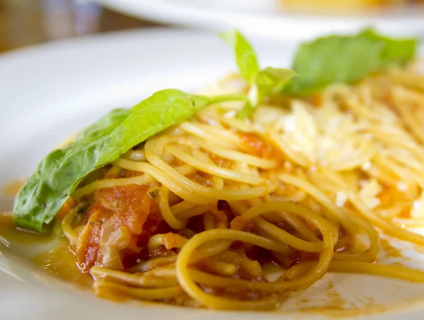 Spaghetti Sosem Pomidorowym Bazylią — Zdjęcie stockowe