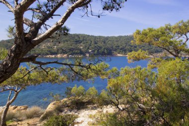Türkiye 'nin Cunda adasındaki deniz ve dağların manzarası