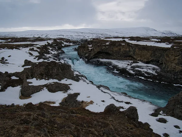 Die Verschneite Landschaft Godafoss Wasserfall Island — Stockfoto