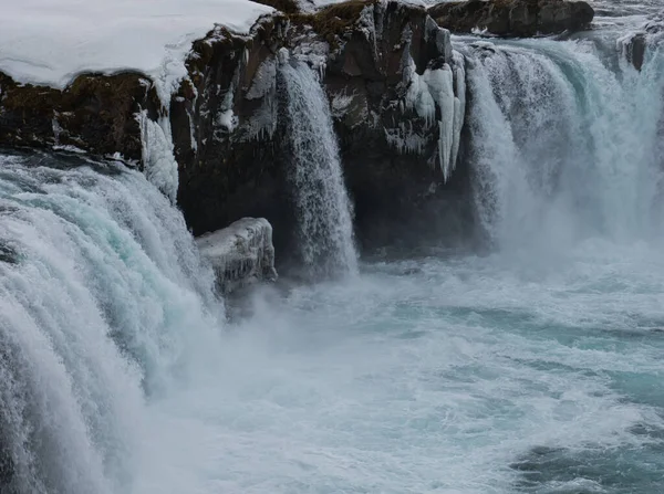 Close Cachoeira Godafoss Islândia Com Neve Gelo — Fotografia de Stock