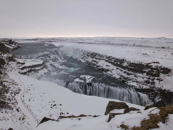 Снежная Тропа Водопаду Галлфосс Юге Исландии — стоковое фото