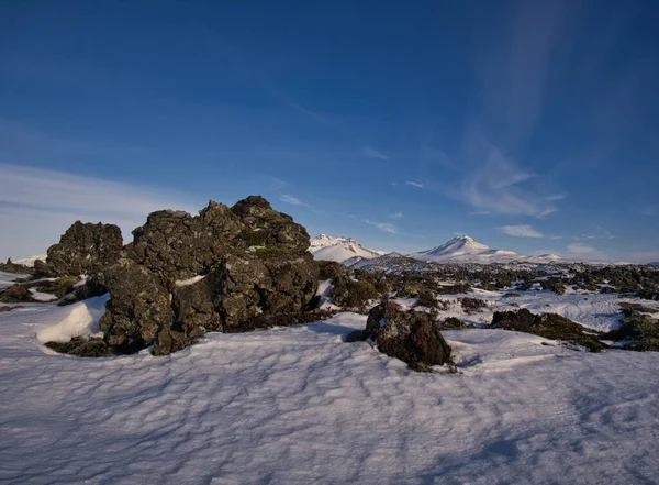 Ett Snöigt Lavafält Island Med Stor Lavasten — Stockfoto