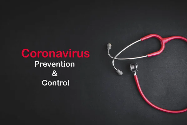 Stéthoscope Avec Mots Corona Virus Prevention Control Sur Fond Noir — Photo