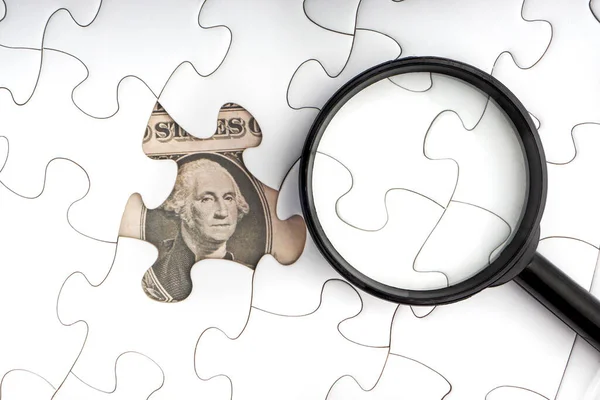 Dollar Banknotes Magnize Glass White Jigsaw Puzzle 지폐와 돋보기 비즈니스 — 스톡 사진