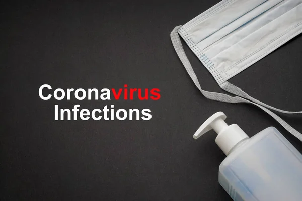 Coronavirus Infektioner Text Med Antibakteriell Tvål Rengöringsmedel Och Skyddande Ansiktsmask — Stockfoto