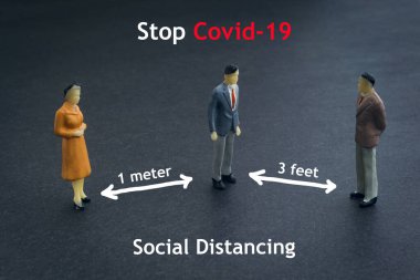 COVID-19 SOSYAL OSTANCING Koyu arkaplanda minyatür insanların olduğu metni durdurun. Covid-19 veya Coronavirus konsepti