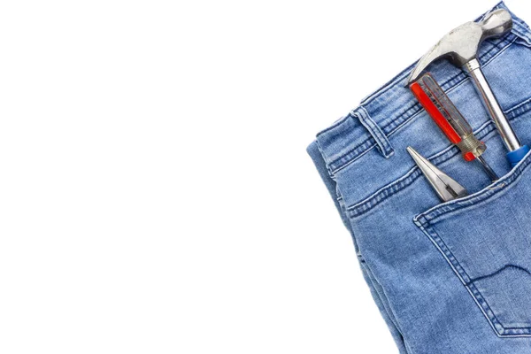 Jeans Schraubenzieher Hammer Und Zange Auf Weißem Hintergrund Jeans Textur — Stockfoto