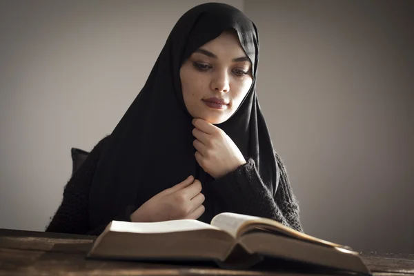 Muslim woman reading holy islamic book koran
