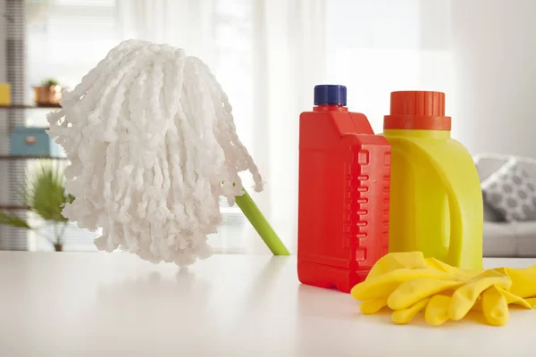Cleaning supplies with mop in home — Stock Photo, Image