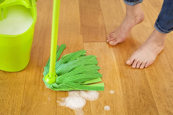 Vrouw met schoonmakende levering in huis — Stockfoto