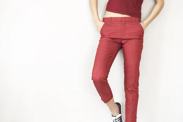 Woman in red pants and shirt