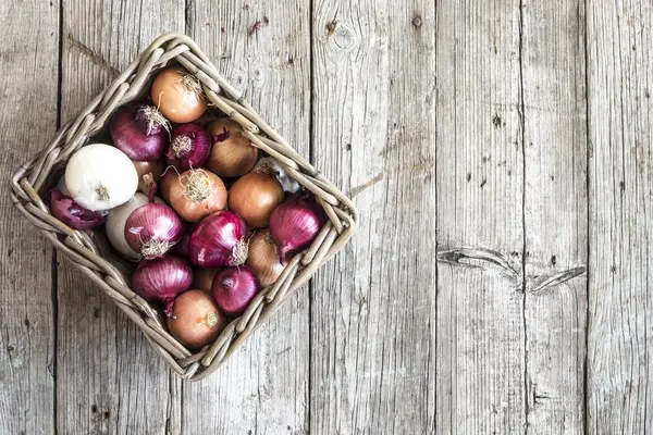 Cebolas cruas em cesta na mesa de madeira — Fotografia de Stock