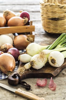Ahşap masa üzerinde çiğ soğan