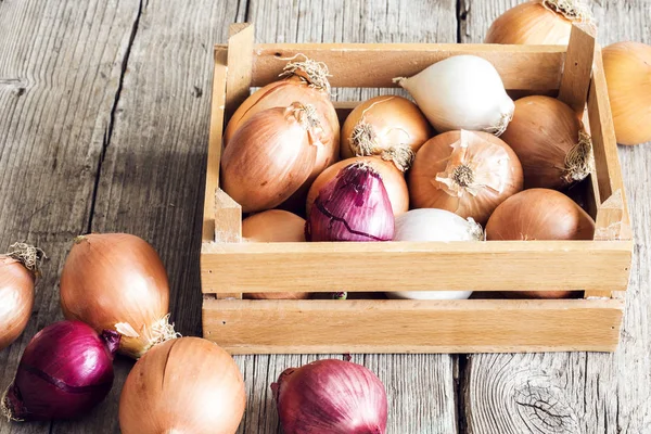 Cebollas crudas en cesta sobre mesa de madera — Foto de Stock