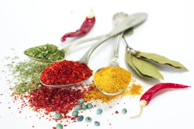 Beyaz arkaplanda baharatlar ve bitkiler