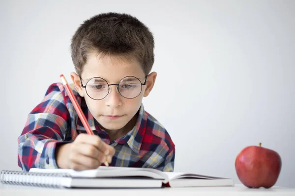 Liten student pojke på isolerade bakgrund — Stockfoto